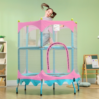 Qaba Trampoline for Kids, 4.6FT Mini Toddler Trampoline Indoor Outdoor with Handlebar, Safety Enclosure Net, Pink