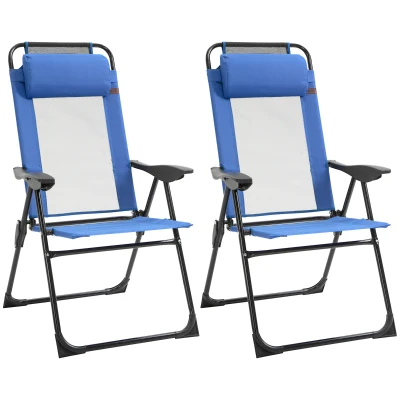 Outsunny Double Camping Chairs Foldable w/ Reclining & Headrest, Blue