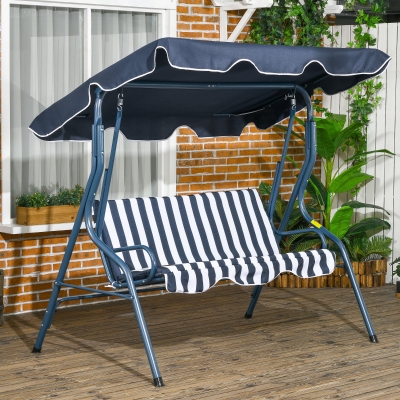 Outsunny Outdoor Porch Swing with Adjustable Canopy, 3-Seater Patio Swing Chair with Cushion, Blue