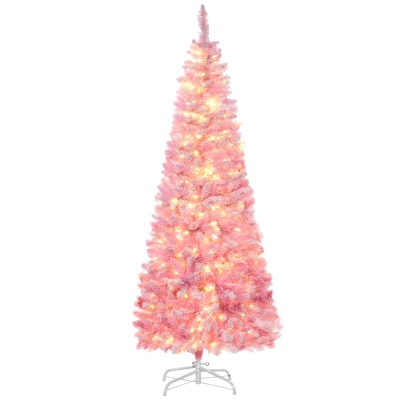 HOMCOM 6ft Prelit Snow Flocked Pencil Christmas Tree, Pink/White