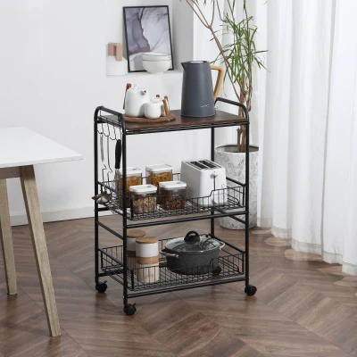 HOMCOM 3-Tier Rolling Kitchen Cart with Storage & Side Hooks, Walnut