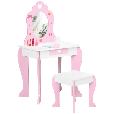 Qaba Kids Vanity Table & Chair Set Girls Dressing Set with Mirror Drawer Cute Patterns for 3-6 Years Old, Pink