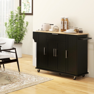 HOMCOM Modern Rolling Kitchen Island Cart with Drawers, Natural Wood Top, Towel Rack, Door Storage Cabinet, Black