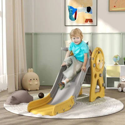 Qaba 3-in-1 Toddler Slide Climber with Basketball Hoop, Yellow