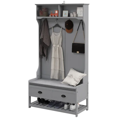 HOMCOM Coat Rack Shoe Bench, Hall Tree with Bench and Shoe Storage, Entryway Bench with 4 Hooks, 2 Drawers, 2 Shelves, Grey