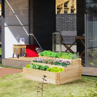 Outsunny 3 Tier Raised Garden Bed with 9 Grow Grids and Bed Liner for Garden, Outdoor to Vegetables, Flowers, Natural