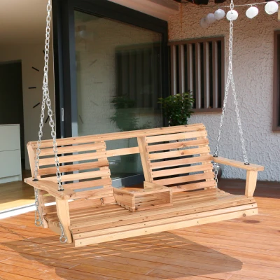 Outsunny 3-Seater Wooden Porch Swing with Table & Cup Holders