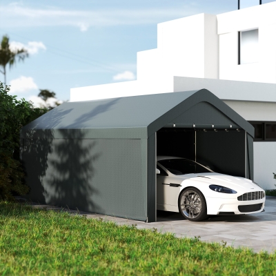 Outsunny Carport, 10 x 20 ft Portable Garage with 2 Roll-Up Doors and Removable Sidewalls for Car, Truck, Boat, Dark Grey