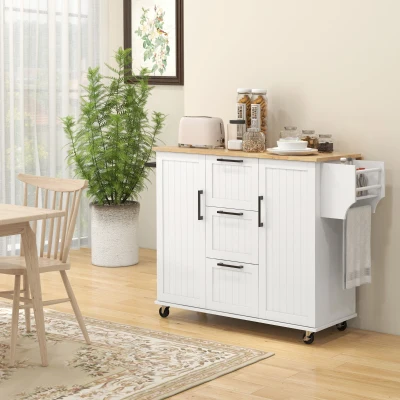 HOMCOM Rolling Kitchen Island Cart, Drop Leaf, 3 Drawers, White