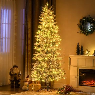 HOMCOM 7.5' Pre-Lit Flocked Christmas Tree with Lights, Snow Branches