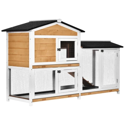 PawHut 2-tier Wood Rabbit Hutch Backyard Bunny Cage Small Animal House w/ Ramp and Outdoor Run, Yellow