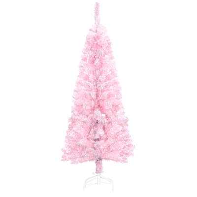 HOMCOM 4 ft Flocked Pencil Christmas Tree, Artificial Christmas Tree with Realistic Branches, Auto Open and Steel Base, Pink