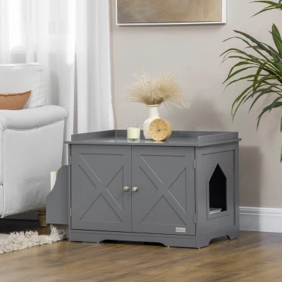 PawHut Large Cat Litter Box Furniture, Gray Enclosure Cabinet