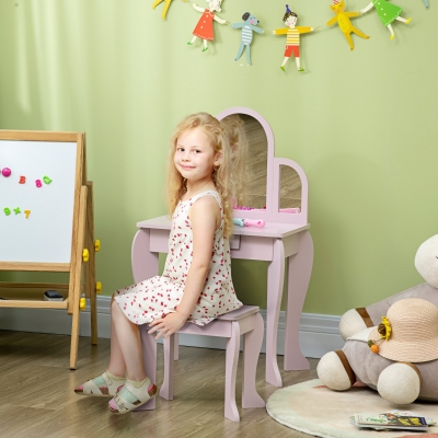Qaba Kids Dressing Table and Chair Set, Girls Dressing Set, Makeup Desk with Drawer for 3-6 Years Old Kids, Pink