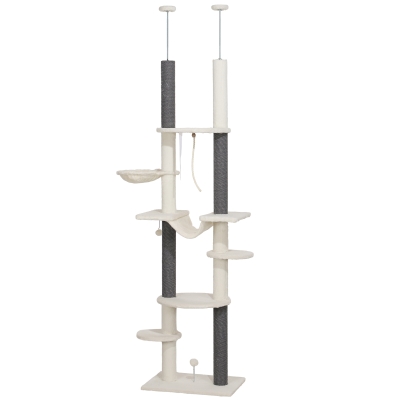 PawHut 89"-100" Cat Tree with Scratching Posts & Hammock, White