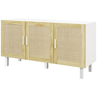 HOMCOM Boho Kitchen Buffet Cabinet with Rattan Doors, White/Natural