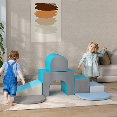 Qaba 7 Piece Indoor Soft Play for Toddlers Climb and Crawl - Blue/ Grey