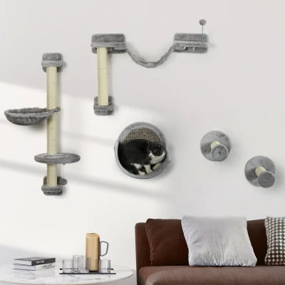 PawHut 5pc Cat Wall Shelves Set with Hammock & Scratching Post
