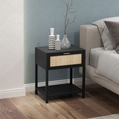 HOMCOM Boho Nightstand, Bedside Table with Rattan Drawer and Open Shelf, Side End Table for Bedroom, Living Room, Black