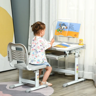 Children''s Study Table And Chair Set 27.6" L x 19.7" W x 31.5" -41.3" H Gray