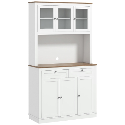 HOMCOM 71" Pantry Cabinet with Microwave Space, Buffet with Hutch, 2 Drawers, Adjustable Shelves and Glass Doors, White