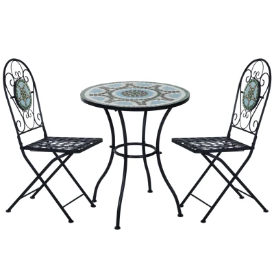 Outsunny 3 Piece Patio Bistro Set with Mosaic Design, Outdoor Dining Furniture Set for 2 with Folding Chairs, Green