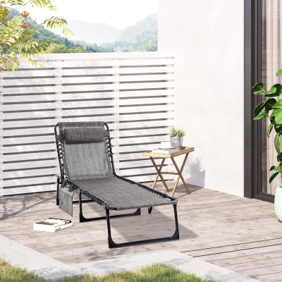 Outsunny Outdoor Folding Chaise Lounge, Reclining Lounge Chair with Adjustable Backrest and Removable Pillow, Mixed Grey