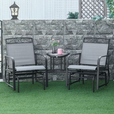 Outsunny Outdoor Glider Bench with Coffee Table, Patio 2-Seat Rocking Chair Swing Loveseat with Breathable Sling for Backyard Garden Porch, Light Grey