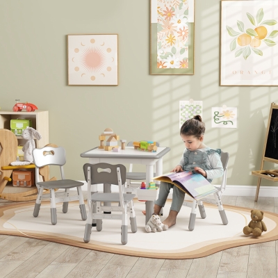 Qaba 5 Pieces Toddler Table and Chair Set, Height Adjustable Activity Table and Chair Set for Nursery Classroom, Grey