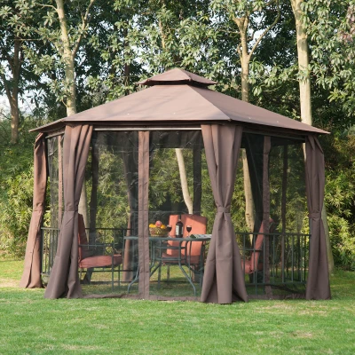 Outsunny 13' Hexagon Patio Gazebo, Coffee with Netting & Curtains