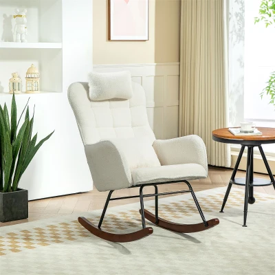 HOMCOM Nursery Rocking Chair with Headrest & Lumbar Pillow, Cream White