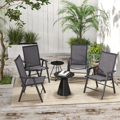 Outsunny 4-Piece Folding Chair Set for Relaxing on Patio Balcony Garden, Comfortable Outdoor Furniture with Armrests, Dark Grey