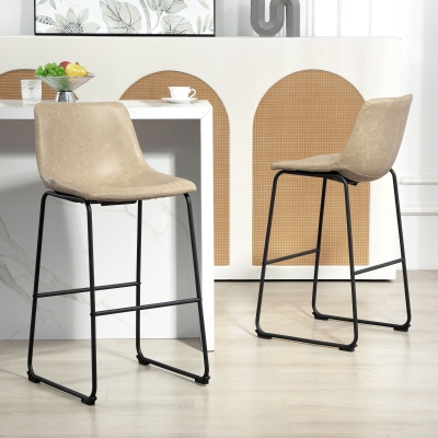 HOMCOM Bar Height Bar Stools Set of 2, Vintage PU Leather Bar Chairs, Kitchen Stools with Footrest for Home Bar, Beige