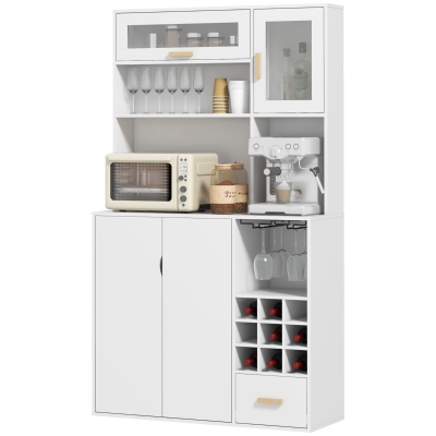 HOMCOM Coffee Bar Cabinet, Kitchen Hutch with Wine Storage, Microwave Countertop, Drawer and Tempered Glass Doors, White