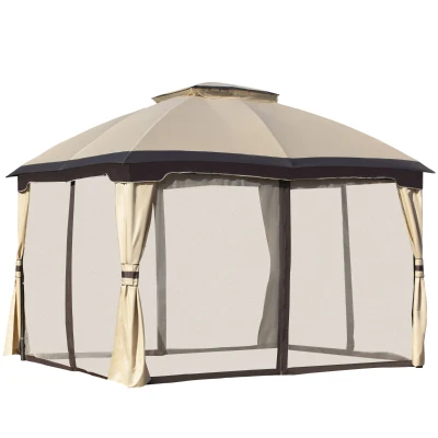 Outsunny 12' x 10' 2-Tier Outdoor Gazebo Canopy Tent for Patio with Zippered Mesh Sidewalls, Solid Steel Frame, Arched Roof, Beige