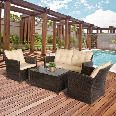 Outsunny 4-Piece Patio Furniture Set, Beige Wicker Chairs & Table