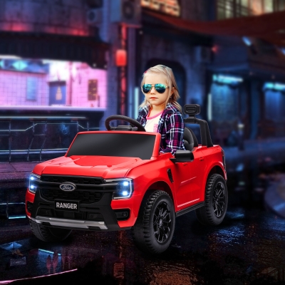 Qaba Ford Ranger Licensed 12V Ride on Car Battery Powered Kids Truck w/ Rear Storage Remote, Spring Suspension, Red