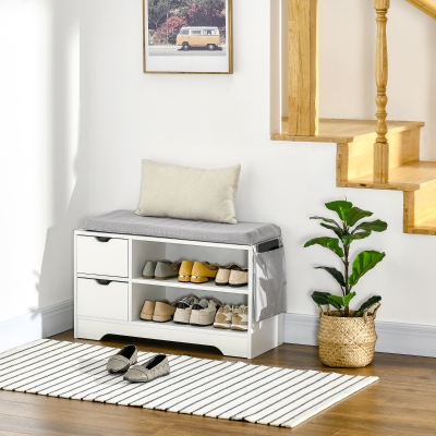 HOMCOM Upholstered Shoe Storage Bench w/ Seat, Entrance Bench w/ Drawer Open Shelves and Pocket for Hallway, White