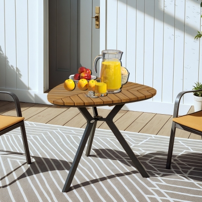 Outsunny 35.4" Outdoor Dining Table with Slatted Acacia Wood Leaf Tabletop, Patio Table with Steel Legs for Garden, Yard, Teak