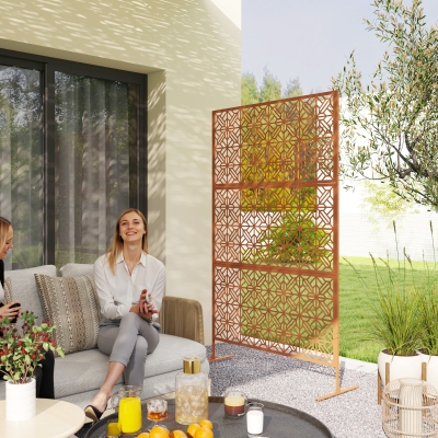 Outsunny Decorative Outdoor Privacy Panel with Stand, Freestanding Metal Outdoor Divider for Garden, Backyard, Deck, Brown