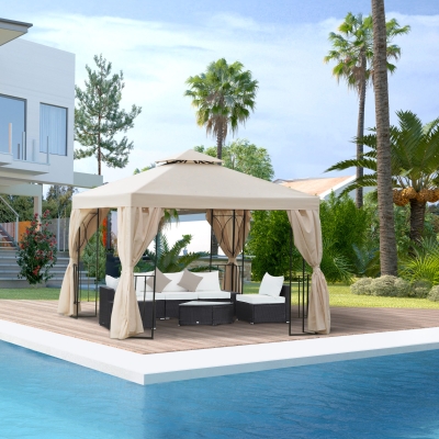 Outsunny 10' x 10' Patio Gazebo Outdoor, Canopy Shelter with Double-tier Roof, Pavilion Sidewalls for Garden Events, Cream White