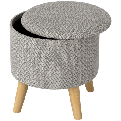 HOMCOM Round Storage Ottoman Stool, Linen Upholstered, Light Gray