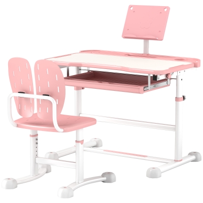 Qaba Kids Desk & Chair Set, Adjustable with Storage, Pink