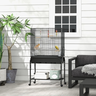 PawHut 51" Bird Cage for Budgies Canaries Finches Lovebirds Parakeets with Rolling Stand, Toys, Black