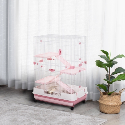 PawHut 32"L 4-Level Small Animal Cage with Universal Lockable Wheels, Slide-out Tray for Bunny, Chinchillas, Ferret, Pink