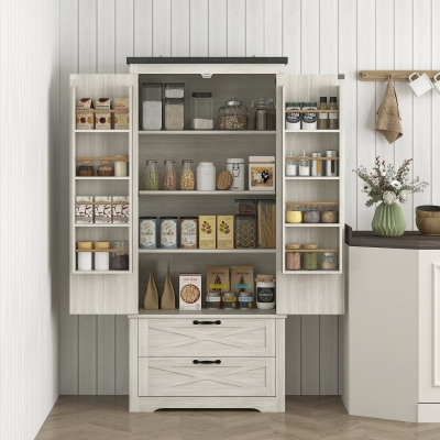 HOMCOM Farmhouse Kitchen Pantry Storage Cabinet, 64" Freestanding Kitchen Pantry Cabinet with Drawers, Distressed White