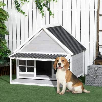 PawHut Wooden Dog House with Porch, Tilt Roof for Large Dogs