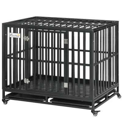 PawHut 41" Heavy Duty Steel Dog Crate Kennel Pet Cage with Wheels for Convenient Access Anti-Pinching Floor, Black