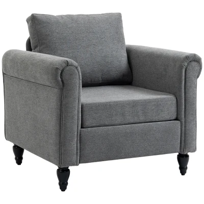 HOMCOM Vintage Armchair, Upholstered Accent Chair with Rolled Arms, Gourd-Shaped Rubber Wood Legs, Light Grey