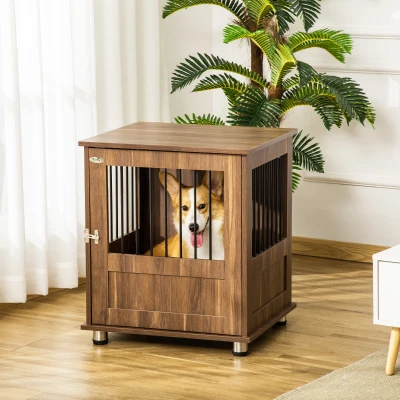 PawHut Dog Crate Furniture, Wooden End Table with Lockable Doors, Small